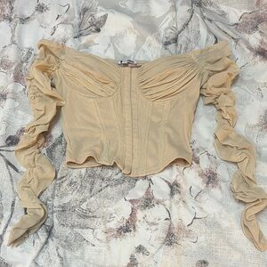 Fashion Nova Beige Ruched Off-Shoulder Blouse